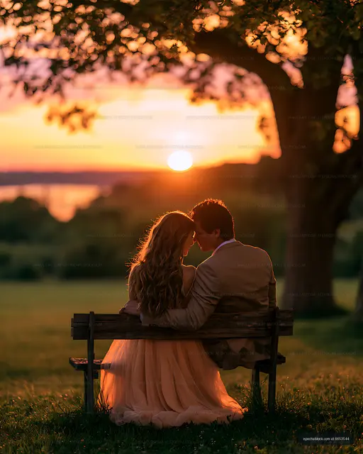 Two people sharing a tender moment on a park bench