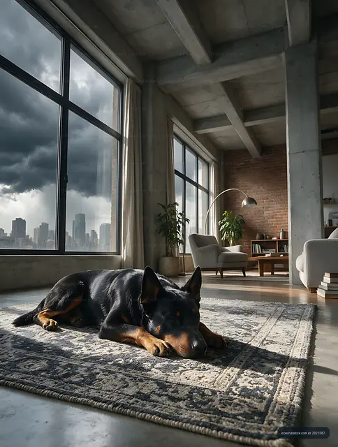 Black and tan dog sleeping in a contemporary living room