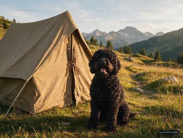 Curly-coated dog sitting beside tent in scenic alpine meadow