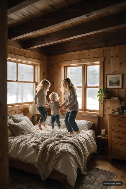 Family Jumping Together on a Bed in a Cozy Bedroom