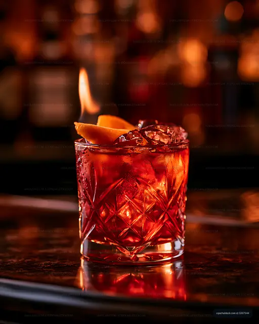Red iced drink with orange wedge in a patterned glass