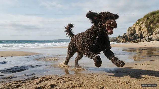 Curly-coated dog running in ocean shallows
