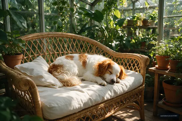 Brown and white puppy asleep on a wicker sofa