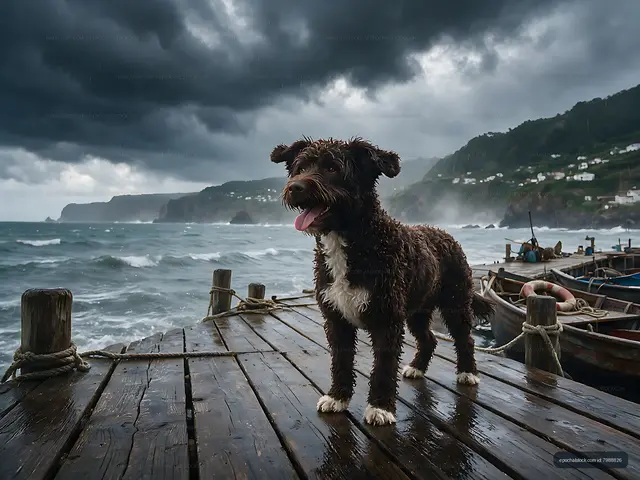 Curly-coated dog on a stormy seaside dock
