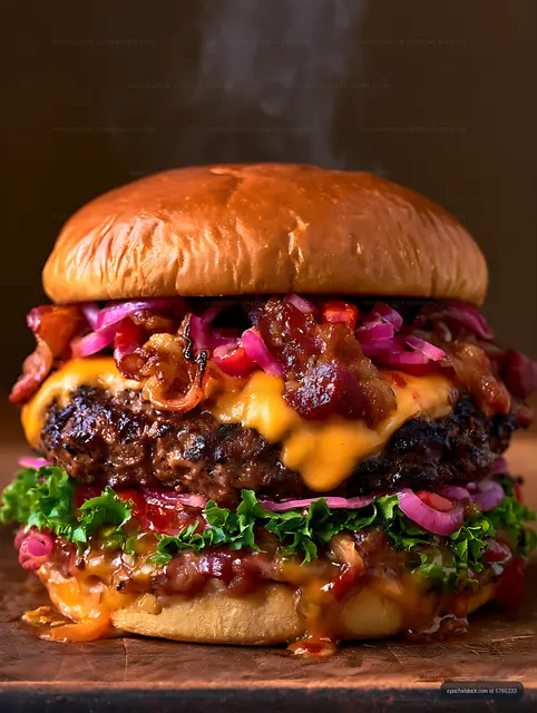 Juicy gourmet cheeseburger in dramatic close-up