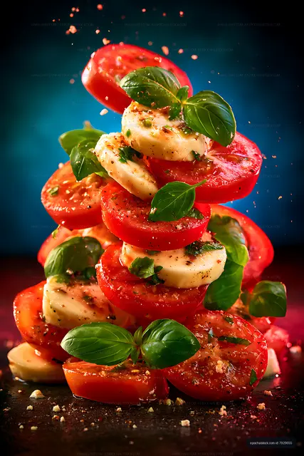 Fresh caprese-style tomato and mozzarella tower