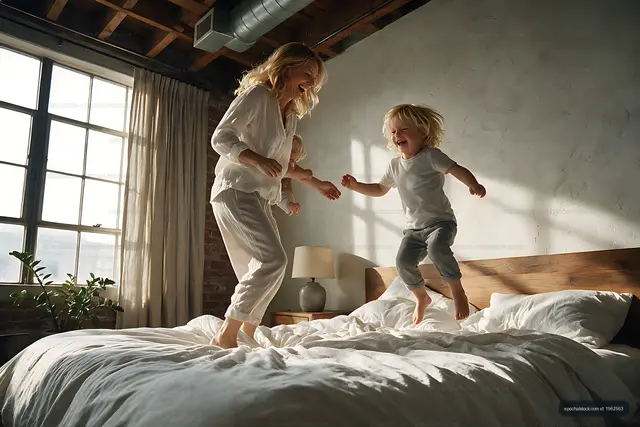 Family jumping and laughing on a bed