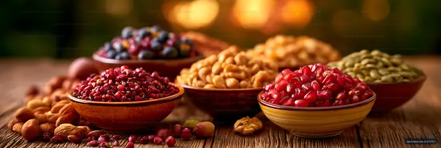 Pomegranate seeds and nuts on a rustic table