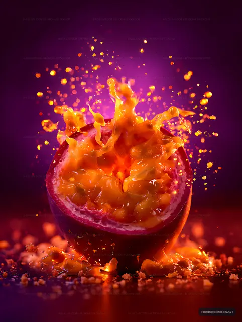 Dramatic close-up of splashing passion fruit