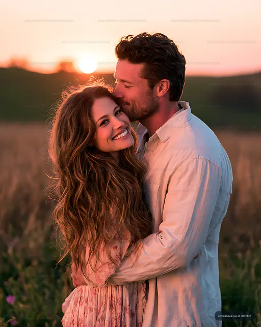 Smiling couple embracing in a sunlit field
