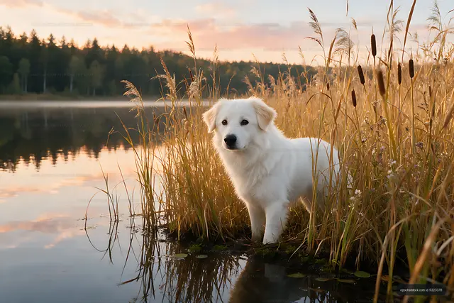 White-coated dog near a reflective lake and cattails