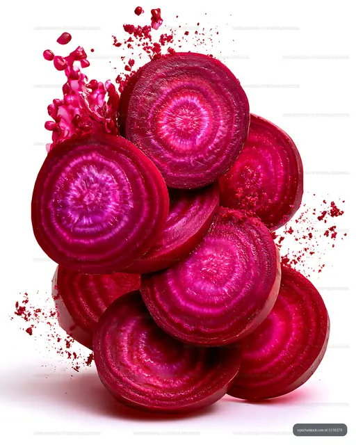 Magenta beet slices and juice splash isolated on white