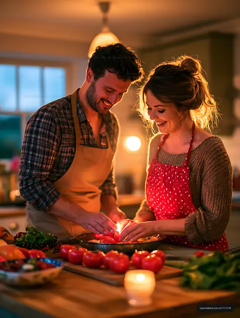 Two people cooking fresh vegetables in a cozy kitchen
