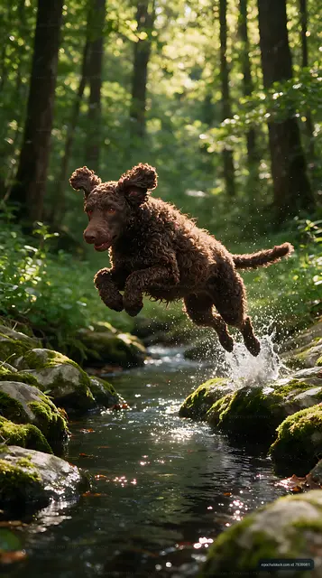 Curly-coated dog splashing through a sunlit forest stream