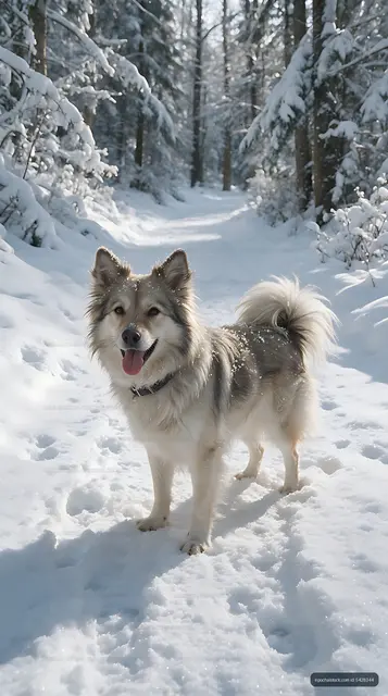 Long-haired dog posing on a snow-covered forest trail
