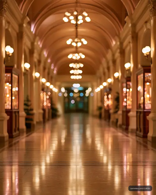 Symmetrical amber corridor interior with chandelier bokeh
