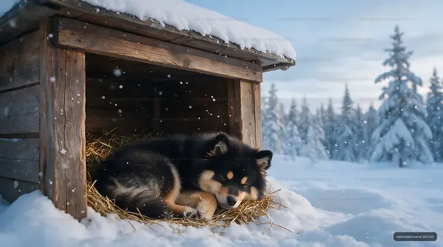 Black and tan puppy asleep in a rustic winter shelter