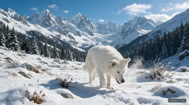 White dog in snow with dramatic mountain backdrop