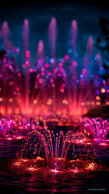 Neon pink and blue fountain water at night