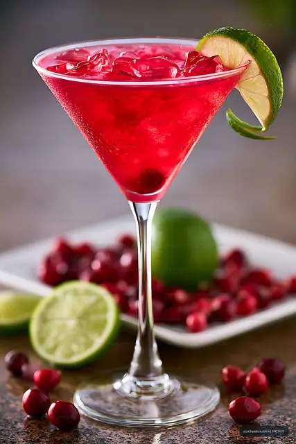 Bright red cranberry cocktail served with fresh lime