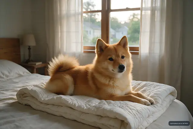 Fluffy dog resting on a bed beside a bright window