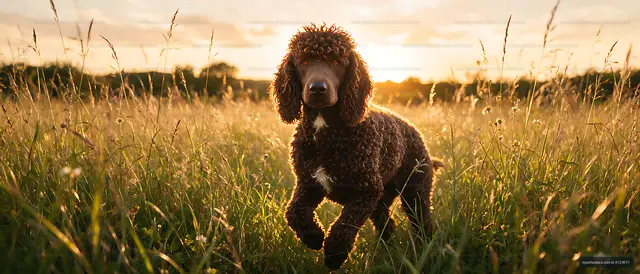 Curly-coated dog portrait in a glowing meadow