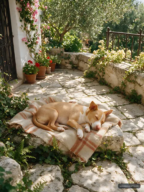 Small sleeping puppy in a peaceful sunlit garden