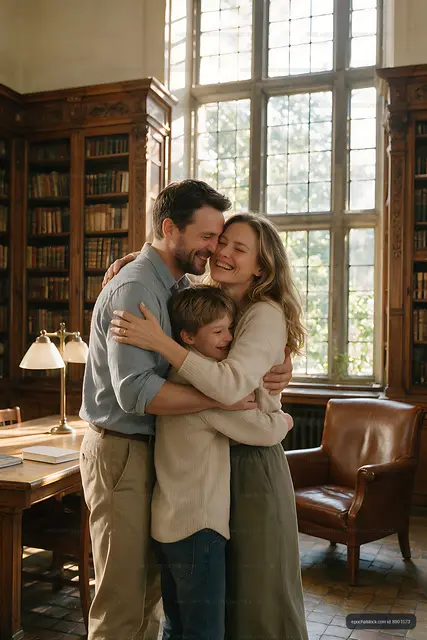 Parents and child embracing indoors