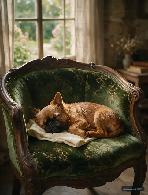 Small puppy asleep on an ornate armchair by a window