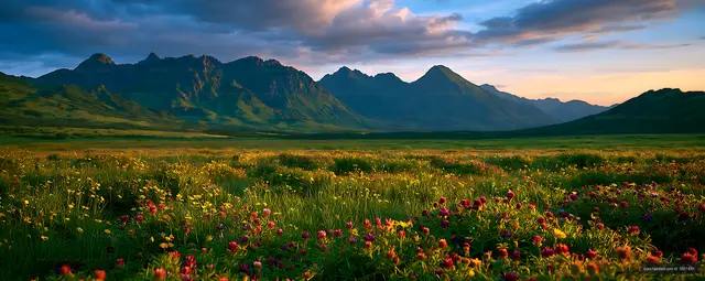 Colorful Wildflower Meadow Beneath Rugged Mountain Peaks