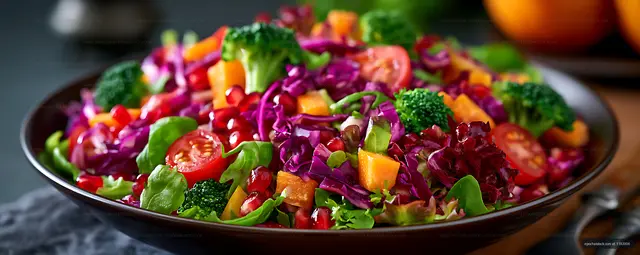 Fresh colorful salad with vegetables and pomegranate