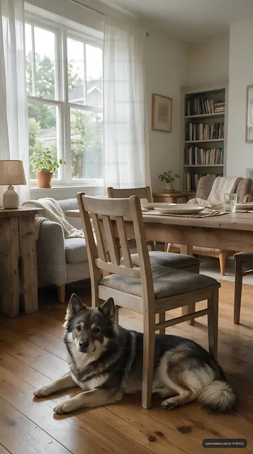 Dog resting beneath a dining chair at home