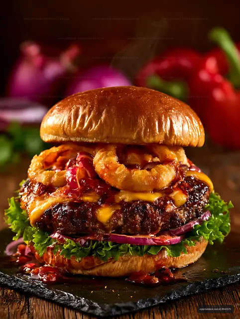 Close-up gourmet burger with cheese and onion rings