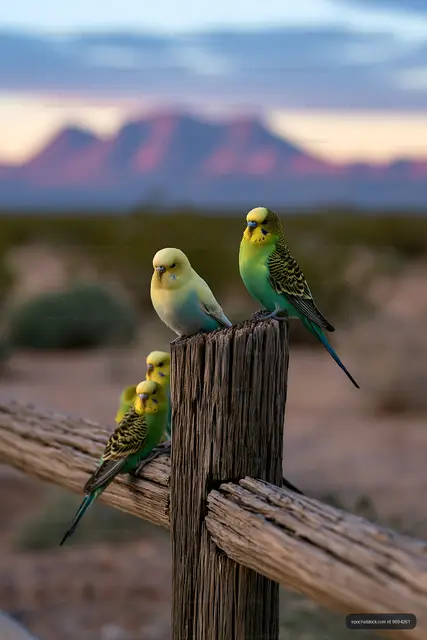 Colorful budgerigars perched on a wooden fence in desert scenery