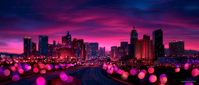 Vibrant neon cityscape with blurred lights and evening traffic