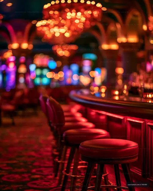 Moody neon-lit cocktail bar with empty stools and bokeh