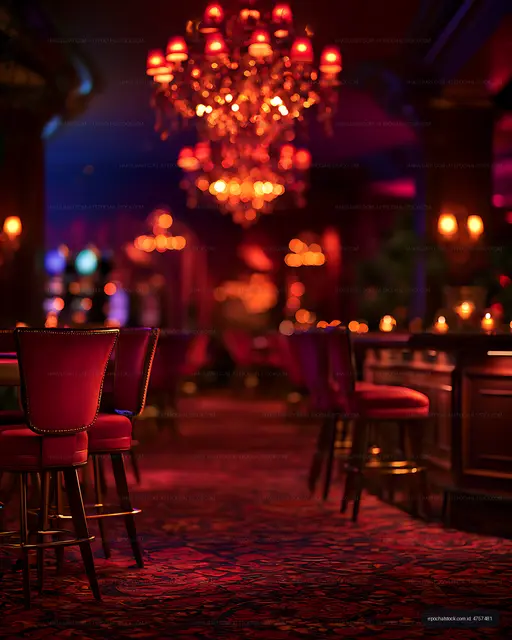 Colorful empty lounge with chandelier and bar seating