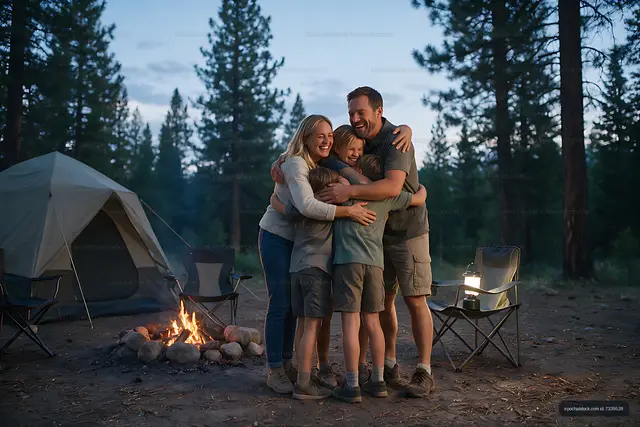 Family group embracing at a woodland campsite