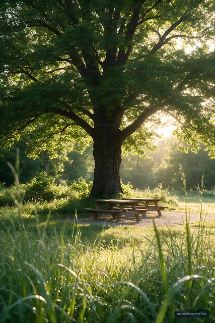 Wooden picnic table beneath a broad leafy tree