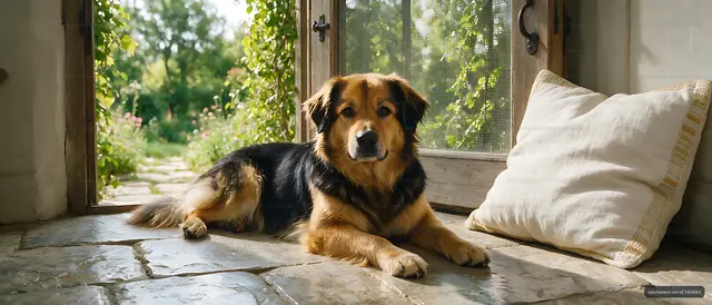 Long-haired dog lying on a stone floor at home