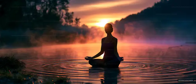 Meditating woman silhouetted against a misty sunset lake