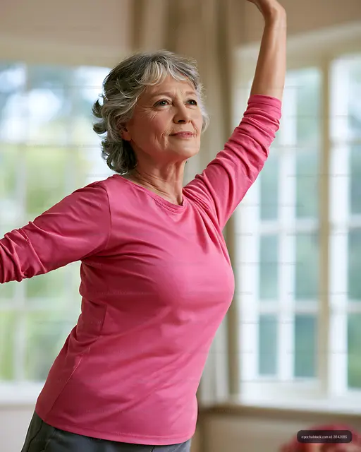 Active older woman stretching in a bright room