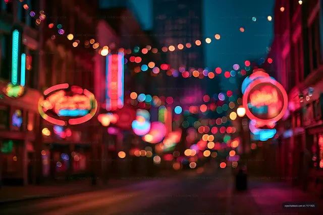 Vibrant blurred neon cityscape at night