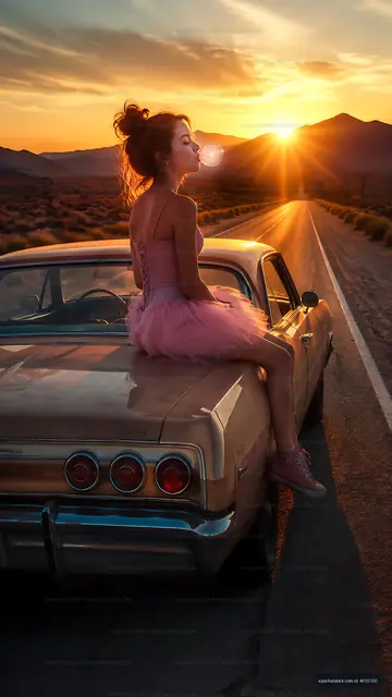 Woman in pink dress sits on car trunk at sunset on desert road