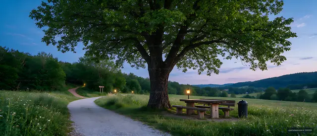 Scenic meadow picnic area beneath a broad shade tree