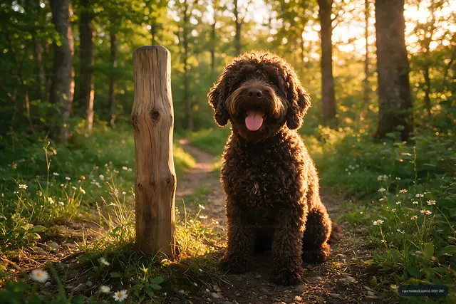 Curly brown dog beside a forest trail marker