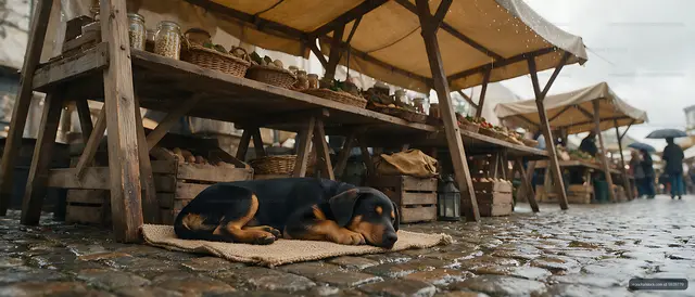 Puppy resting under a wooden stall at a rainy market