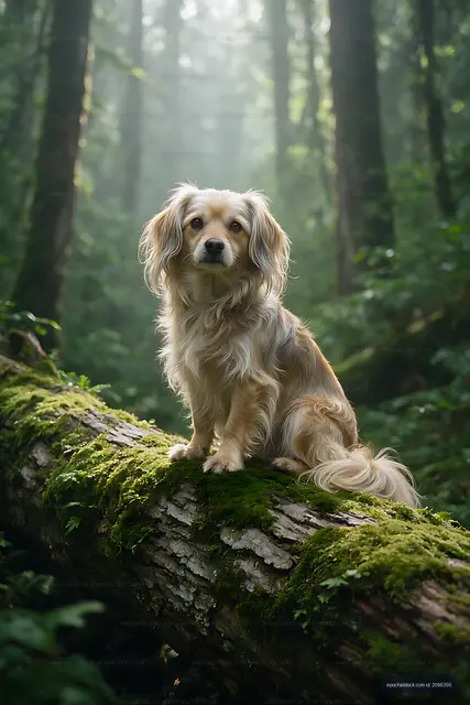Cream-colored long-haired dog in a sunlit woodland