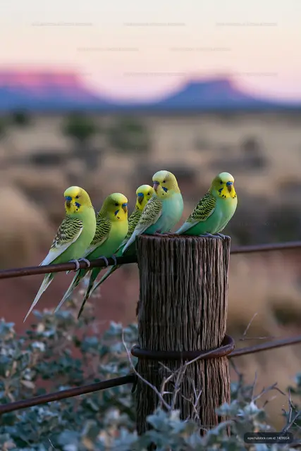 Four parakeets on a post with desert mountains behind