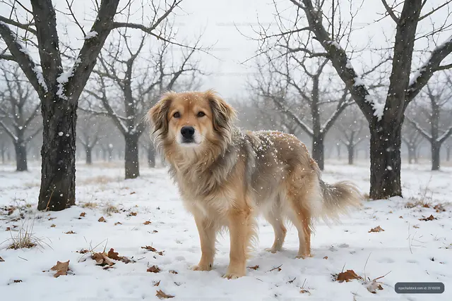 Tan long-haired dog portrait in a winter orchard